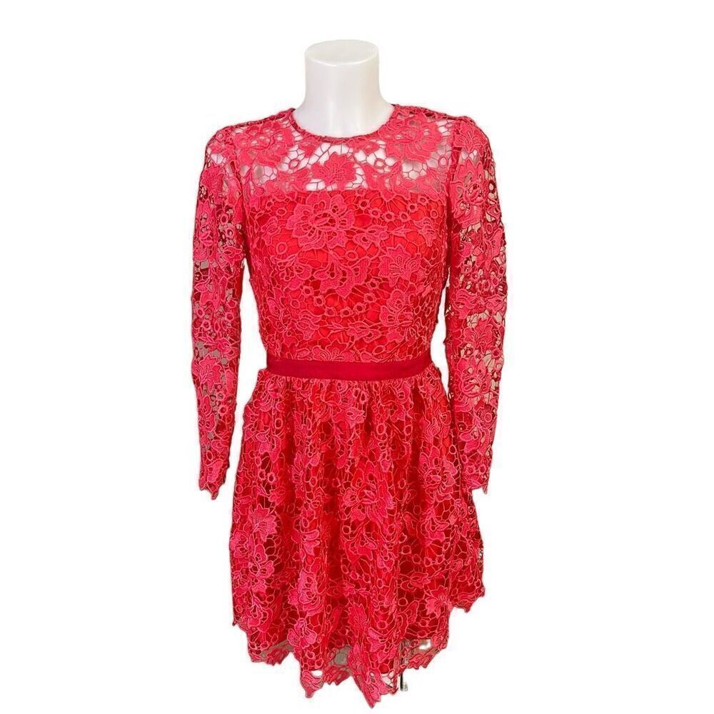 DRAPER JAMES Red Floral Lace Crochet Elegant Longsleeve‎ Mini Dress sz 0